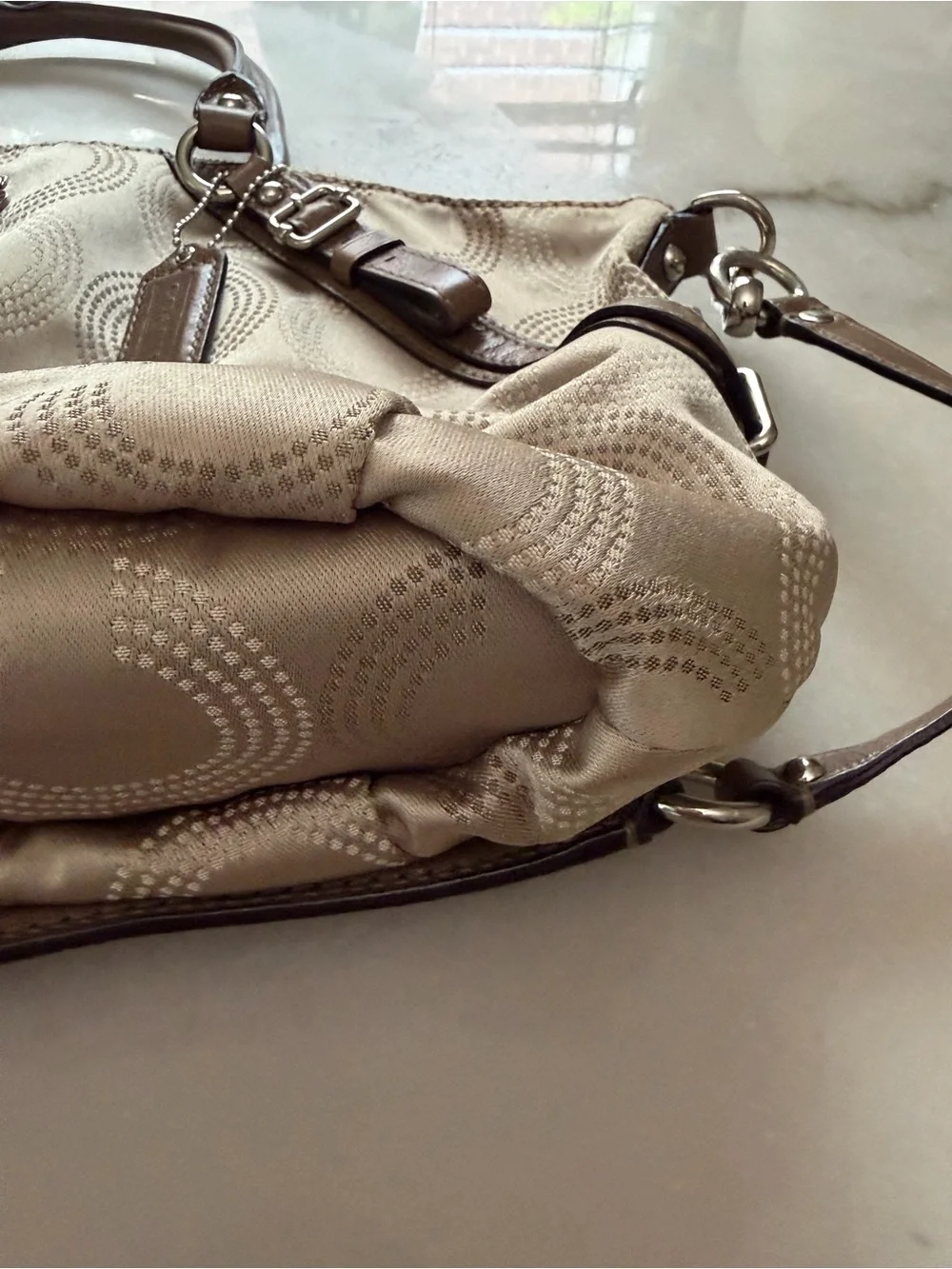 Coach Beige Signature Quilted Satchel with Brown Leather Trim